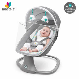 Mastela 3 in 1 baby bassinet swing with baby, mosquito net canopy, safety harness and hanging toys
