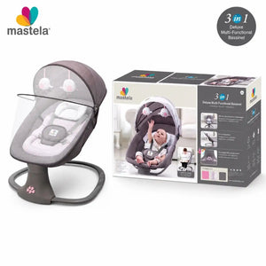 Mastela 3 in 1 baby bassinet and swing with mosquito net canopy, head support and product packaging