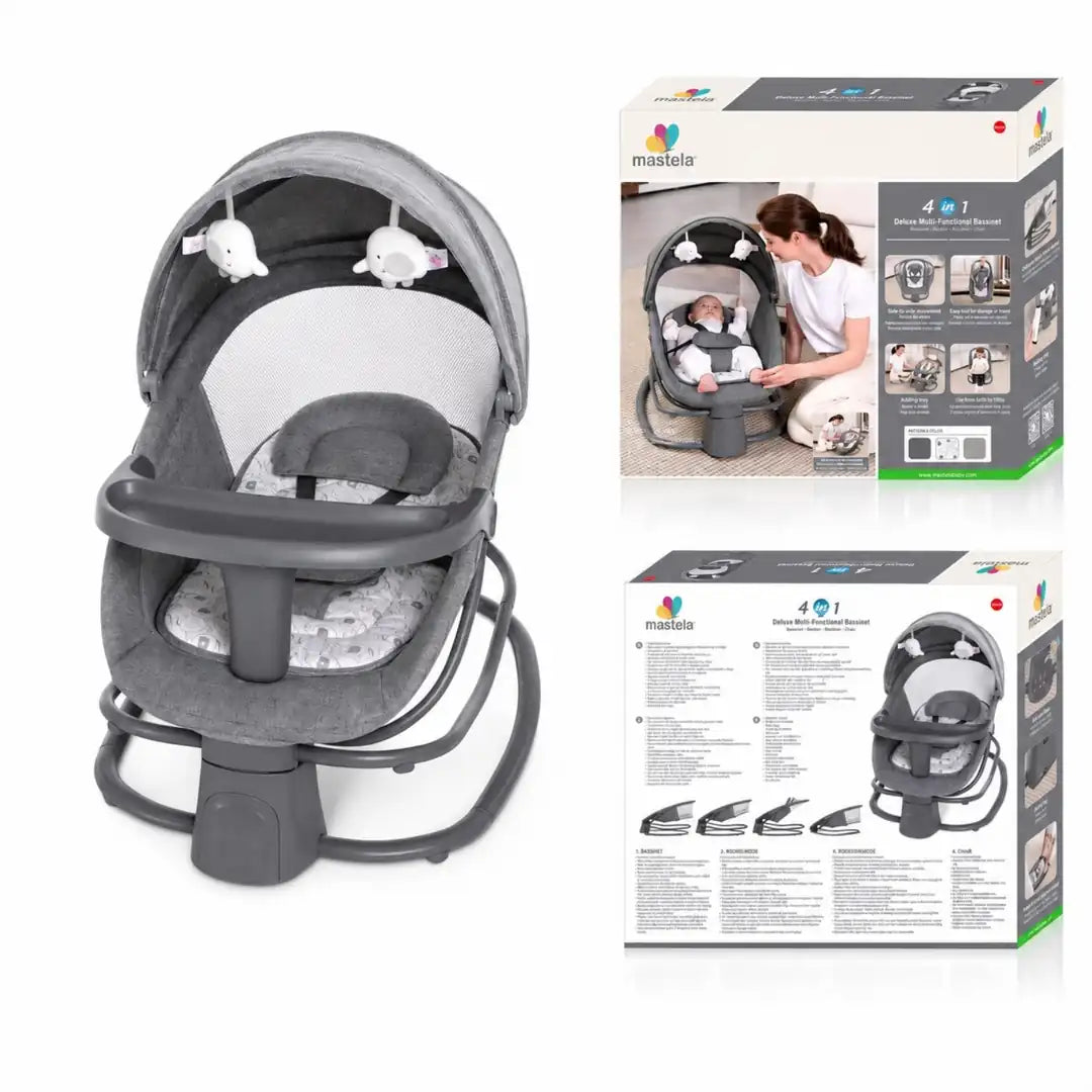 Mastela grey 4-in-1 electric baby swing with canopy, tray and padded seat
