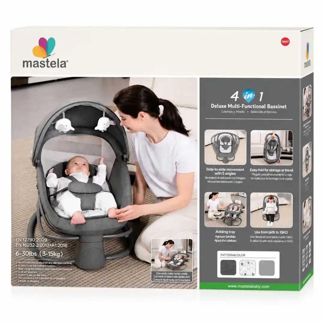Mastela 4-in-1 electric baby swing product packaging and features