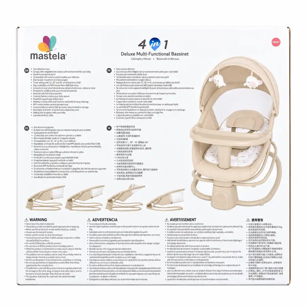 Mastela 4-in-1 Bassinet Swing 8081 rear box features and specifications