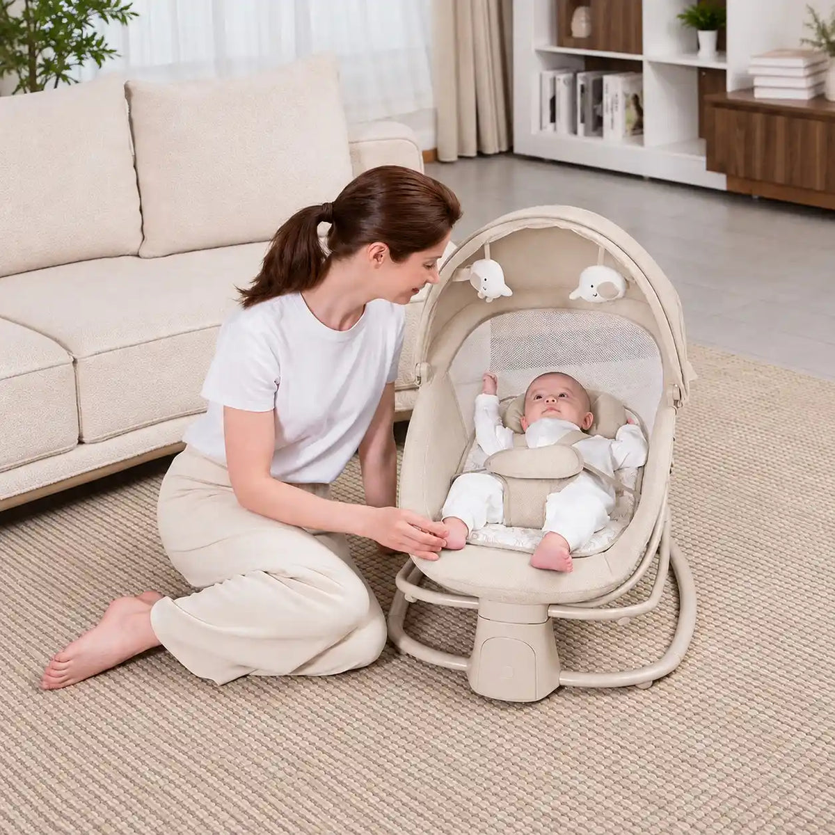 Mastela 4-in-1 Bassinet Swing 8081 beige lifestyle view with baby