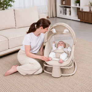Mastela 4-in-1 Bassinet Swing 8081 beige lifestyle view with baby