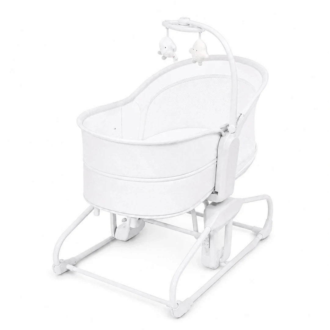 Mastela 09877 white baby bassinet side view with bedside sleeper design