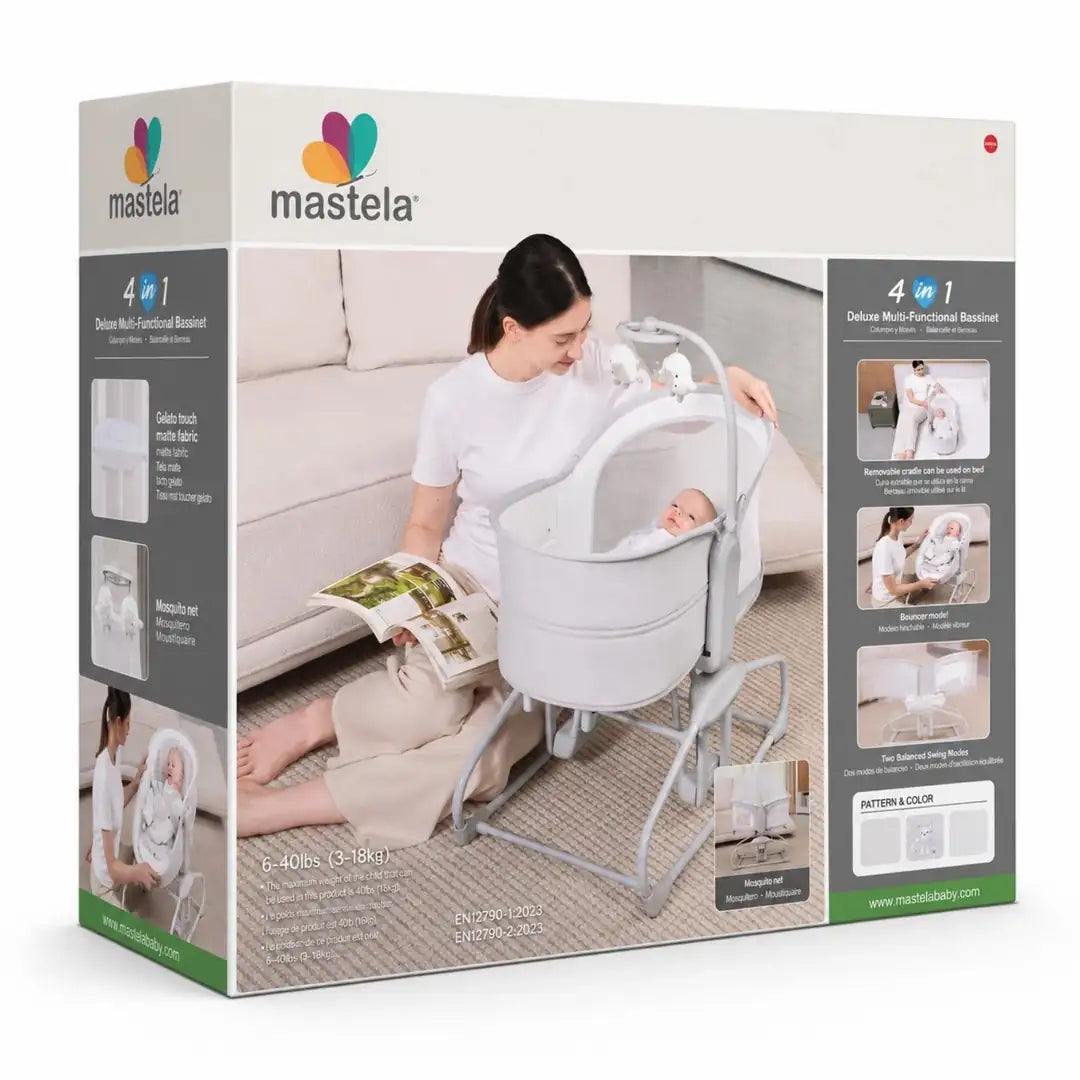 Mastela 09877 white baby bassinet packaging and lifestyle view