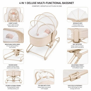 Mastela 09855 baby bassinet showing bedside sleeper, cradle, swing and bouncer modes