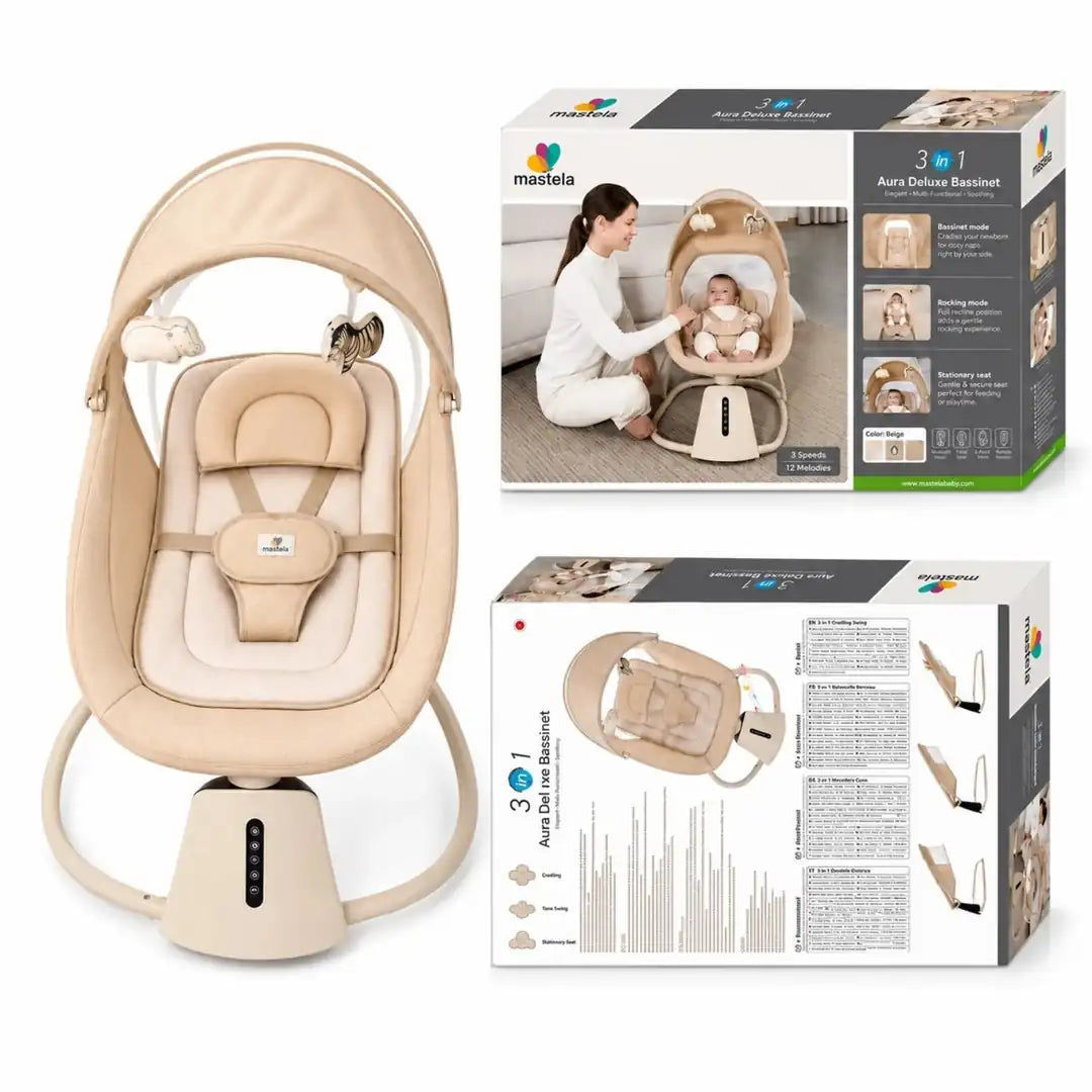 Mastela 09877 baby bassinet showing 4-in-1 bedside sleeper, cradle, swing and bouncer modes