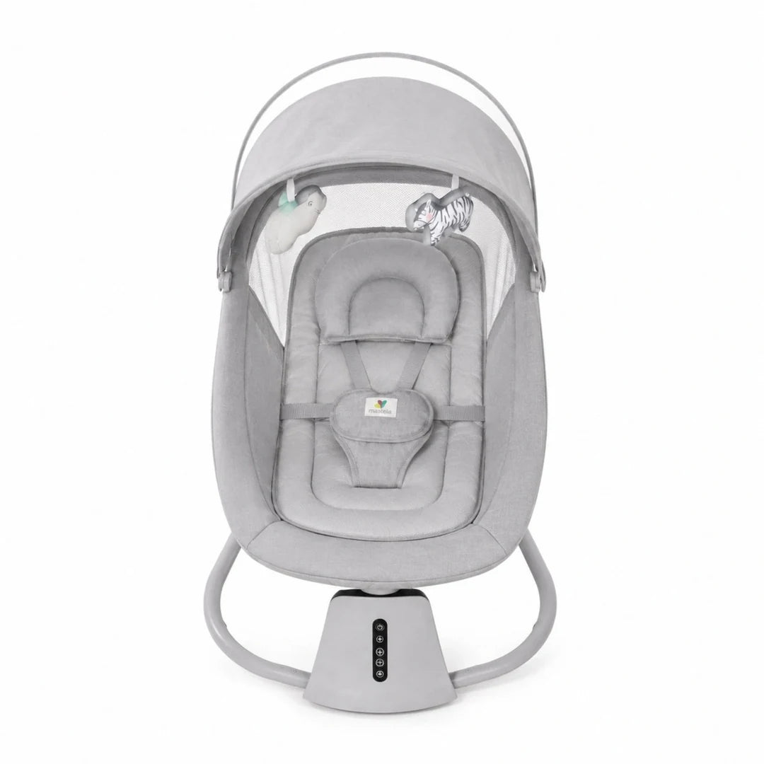 Mastela 09877 white baby bassinet top view with padded seating and safety harness