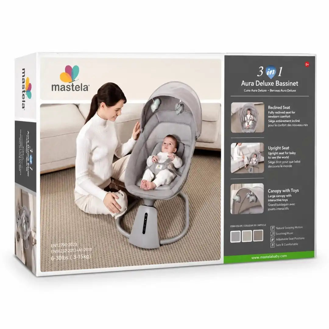 Mastela 09877 multi-functional baby bassinet lifestyle and packaging view