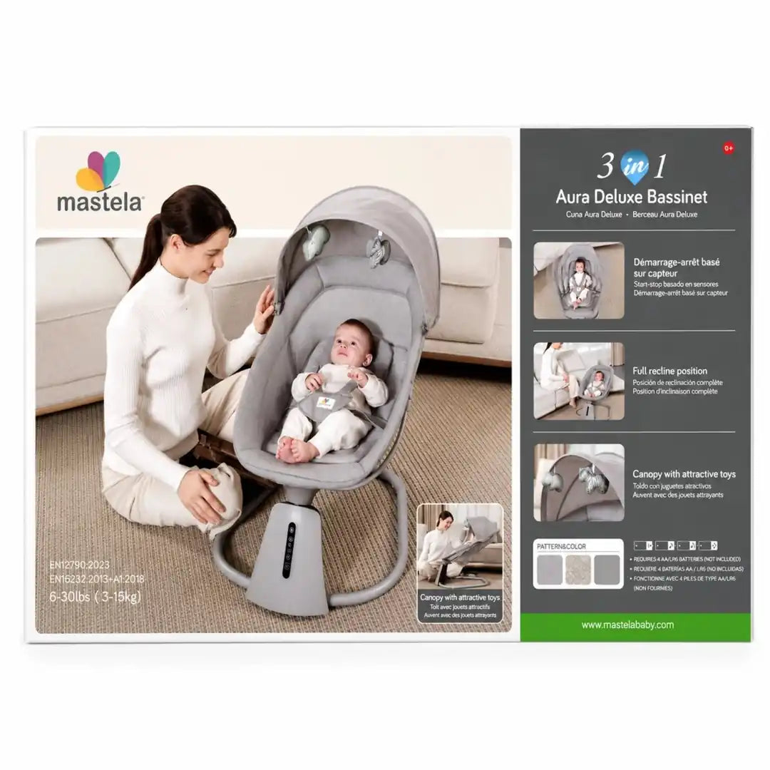 Mastela 09877 baby bassinet features including swing modes and breathable mesh sides