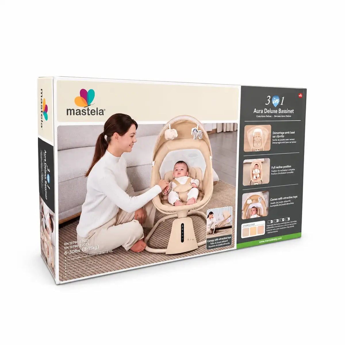 Mastela Aura Deluxe Baby Swing 8015 Beige Packaging Angle View