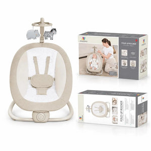 Mastela fold up beige baby rocker and bouncer with detachable hanging toys