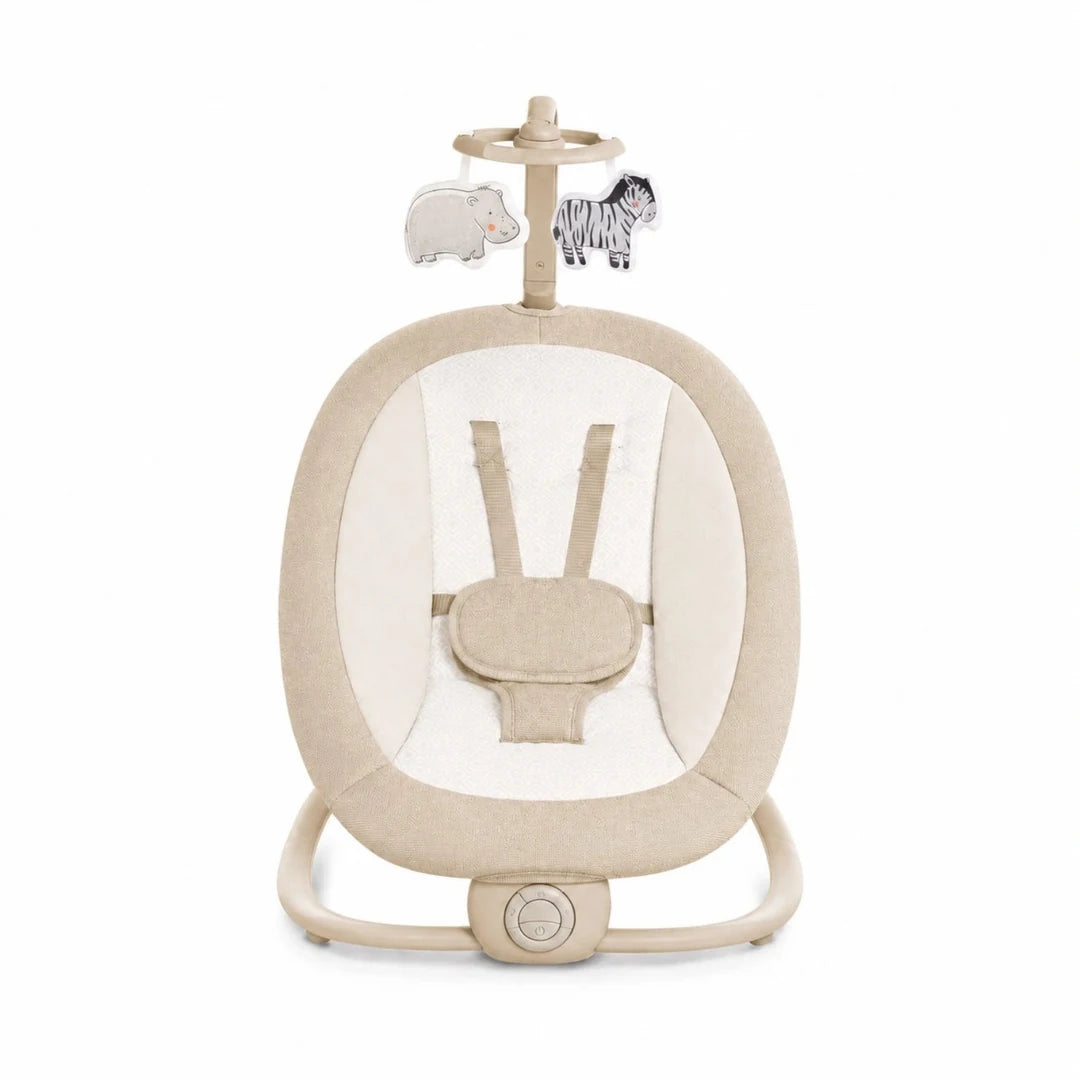 Mastela beige baby rocker and bouncer front view with adjustable recline