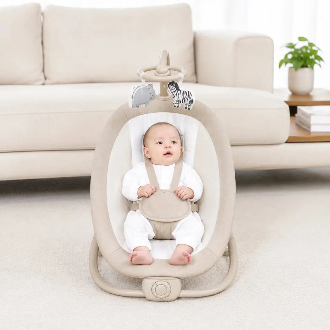 Mastela beige baby rocker and bouncer with baby seated comfortably