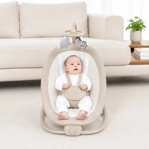 Mastela beige baby rocker and bouncer with baby seated comfortably