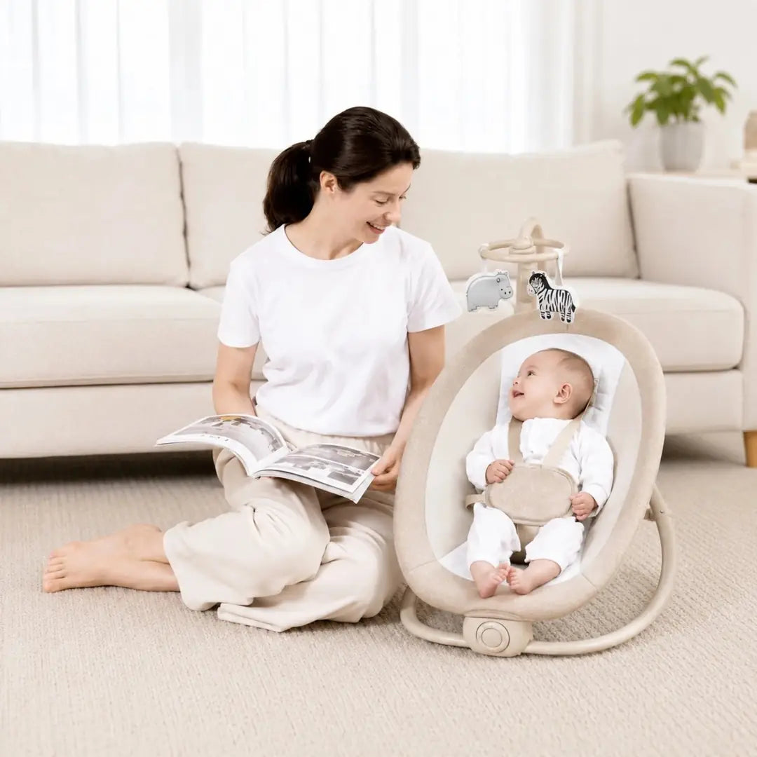 Parent using Mastela fold up baby rocker and bouncer at home