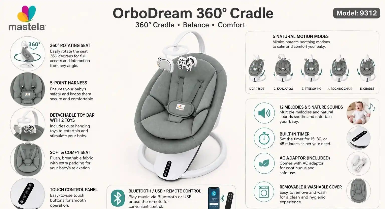Mastela OrboDream 360 electric baby cradle swing Model 9312 features 5 motion modes, Bluetooth, USB, remote control and timer