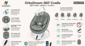 Mastela OrboDream 360 electric baby cradle swing Model 9312 features 5 motion modes, Bluetooth, USB, remote control and timer