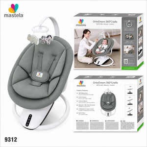 Mastela OrboDream 360 baby cradle swing Model 9312 grey with product packaging, touch controls and rotating seat