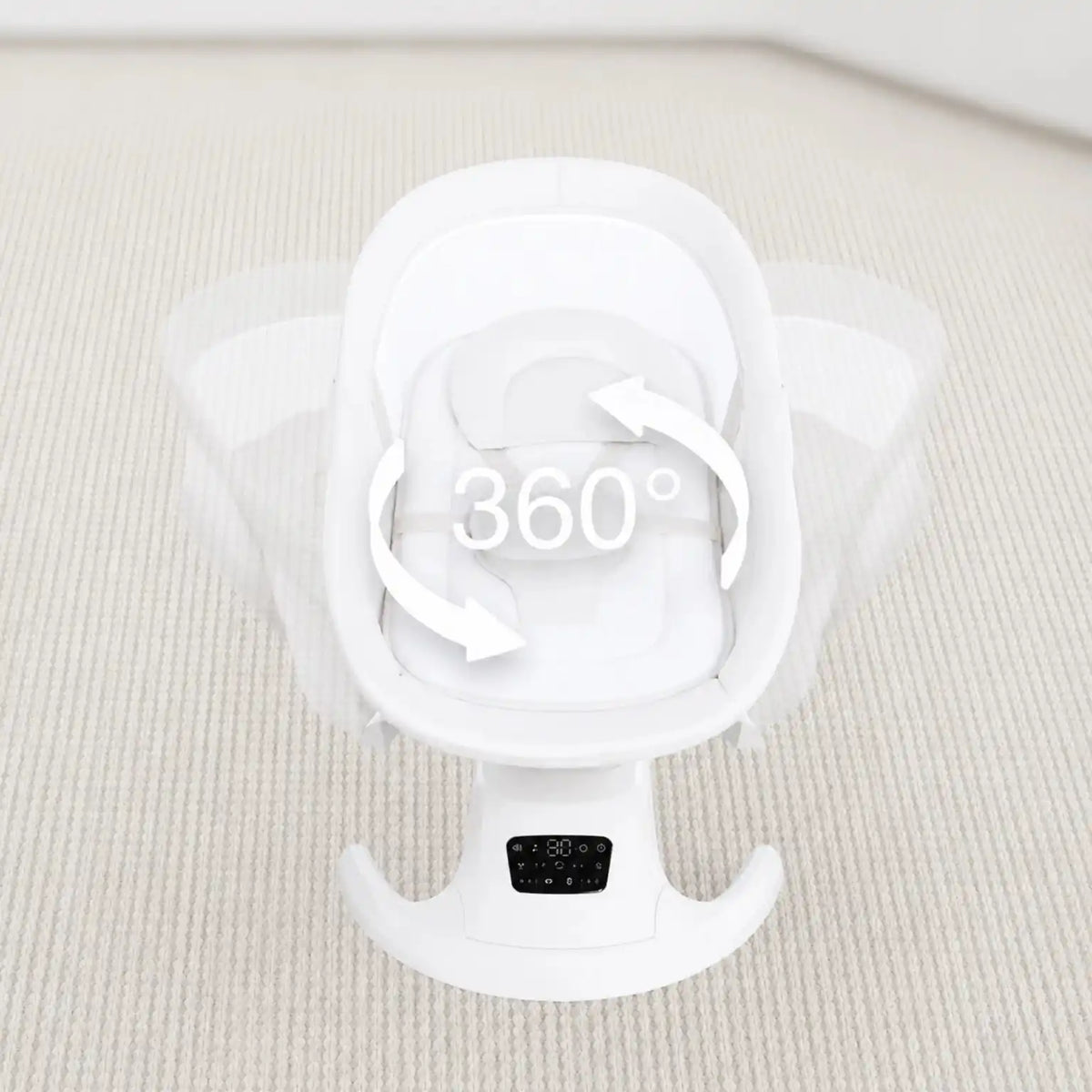 Mastela Ori Euphoria 3D baby swing demonstrating 360 degree rotating seat and smart touch control panel