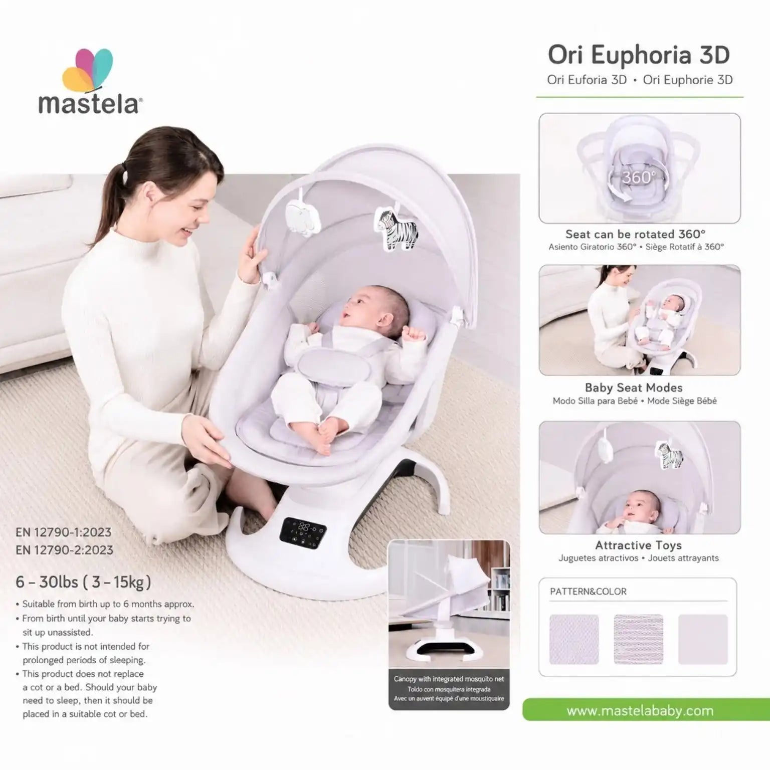 Mastela Ori Euphoria 3D electric baby swing with 360 rotating seat, mosquito net, toy bar and infant seat modes