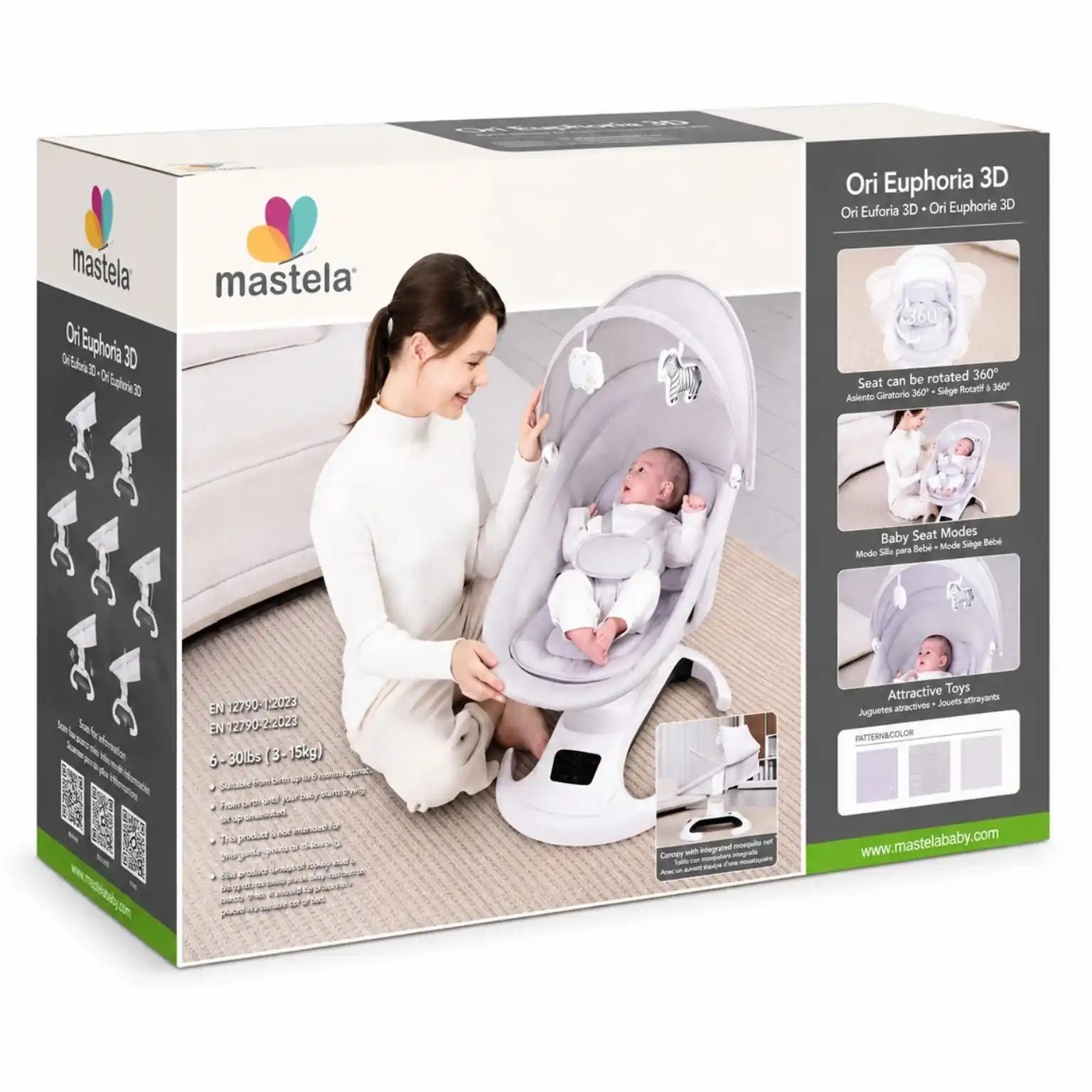 Mastela Ori Euphoria 3D baby swing and bassinet white Model 30725 retail box showing rotatable seat and mosquito net