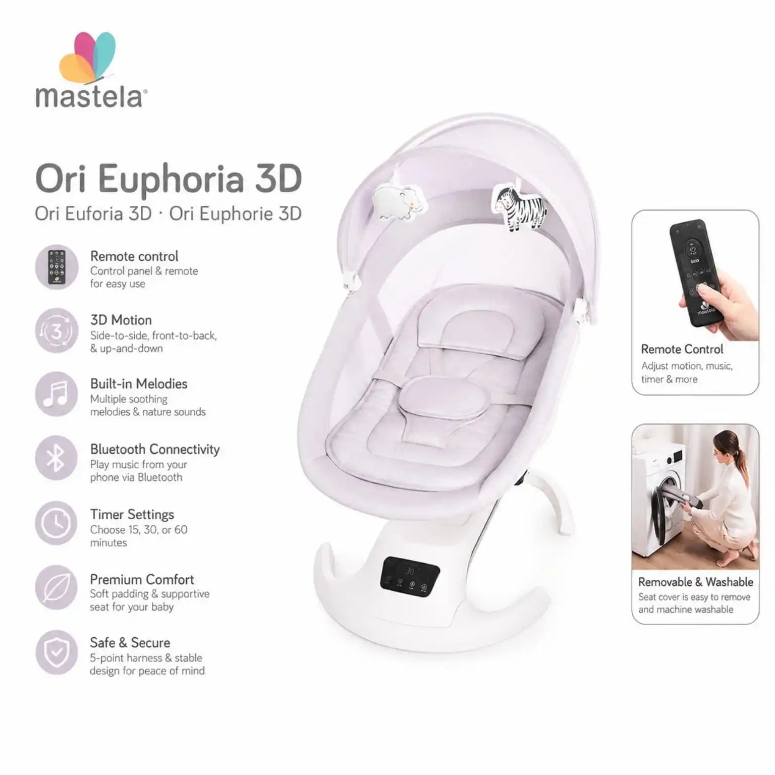 Mastela Ori Euphoria 3D electric baby swing with remote control, Bluetooth, built-in melodies and washable seat cover