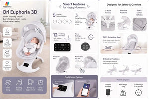 Mastela Ori Euphoria 3D smart baby swing features with 5 swing motions, 3 directions, app control and recline positions