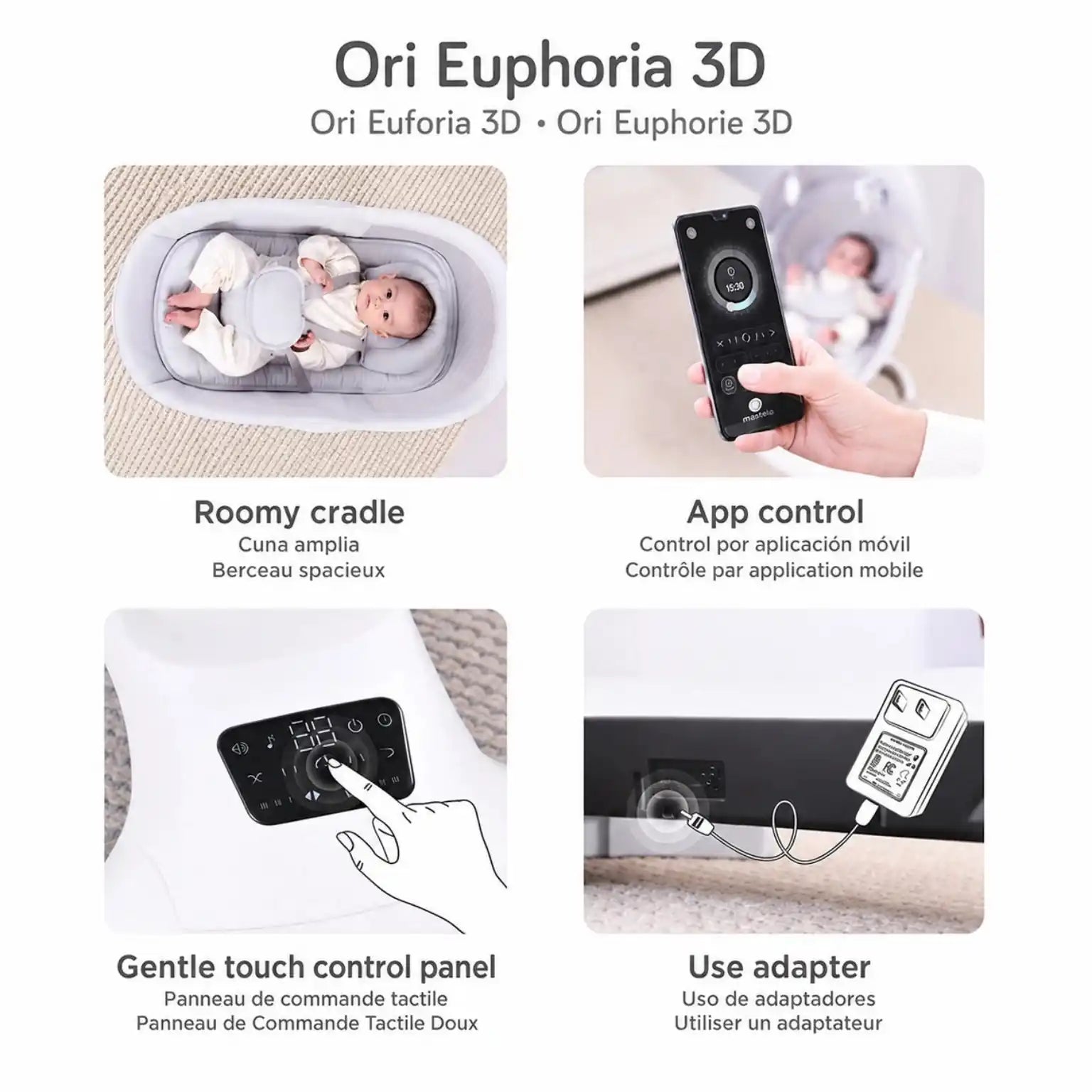 Mastela Ori Euphoria 3D baby swing features showing roomy cradle, app control, touch panel and adapter power