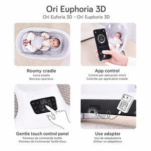 Mastela Ori Euphoria 3D baby swing features showing roomy cradle, app control, touch panel and adapter power