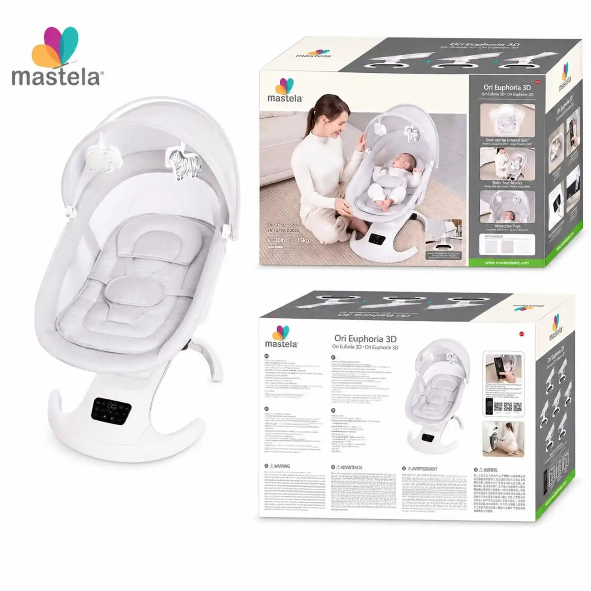Mastela Ori Euphoria 3D electric baby swing white Model 30725 with 360 degree rotatable seat and retail packaging