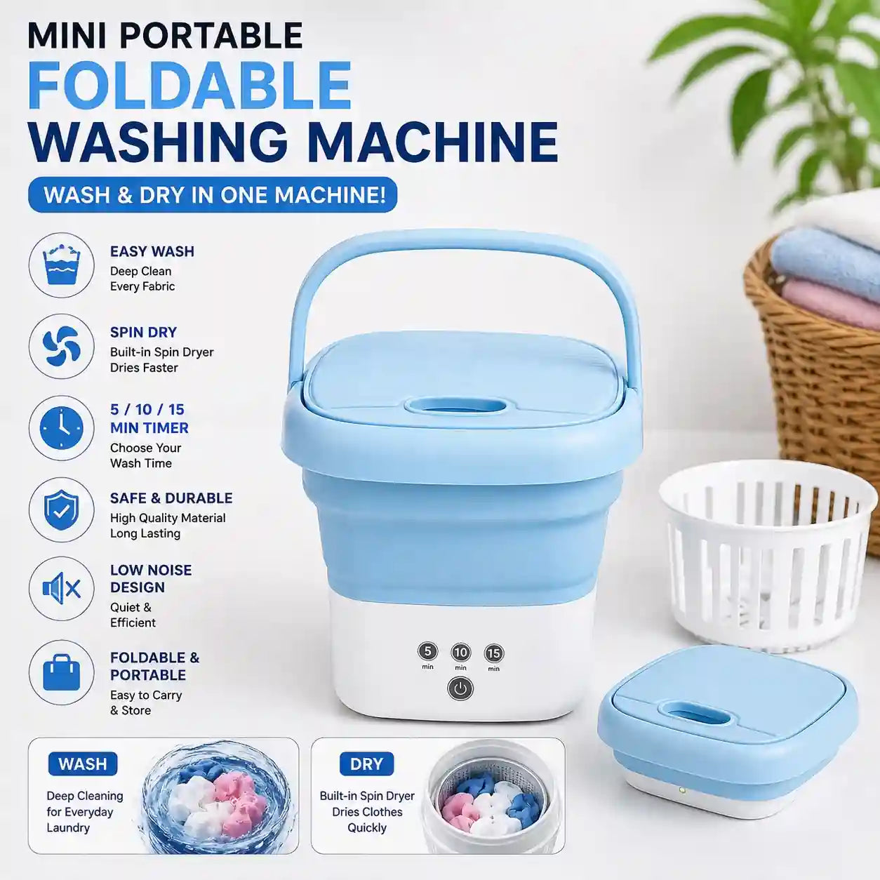 Foldable Portable Washer & Dryer Combo – 6L Compact Laundry Machine