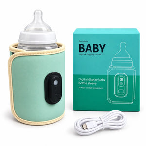 Green portable baby bottle warmer demonstrated with a feeding bottle inside the sleeve