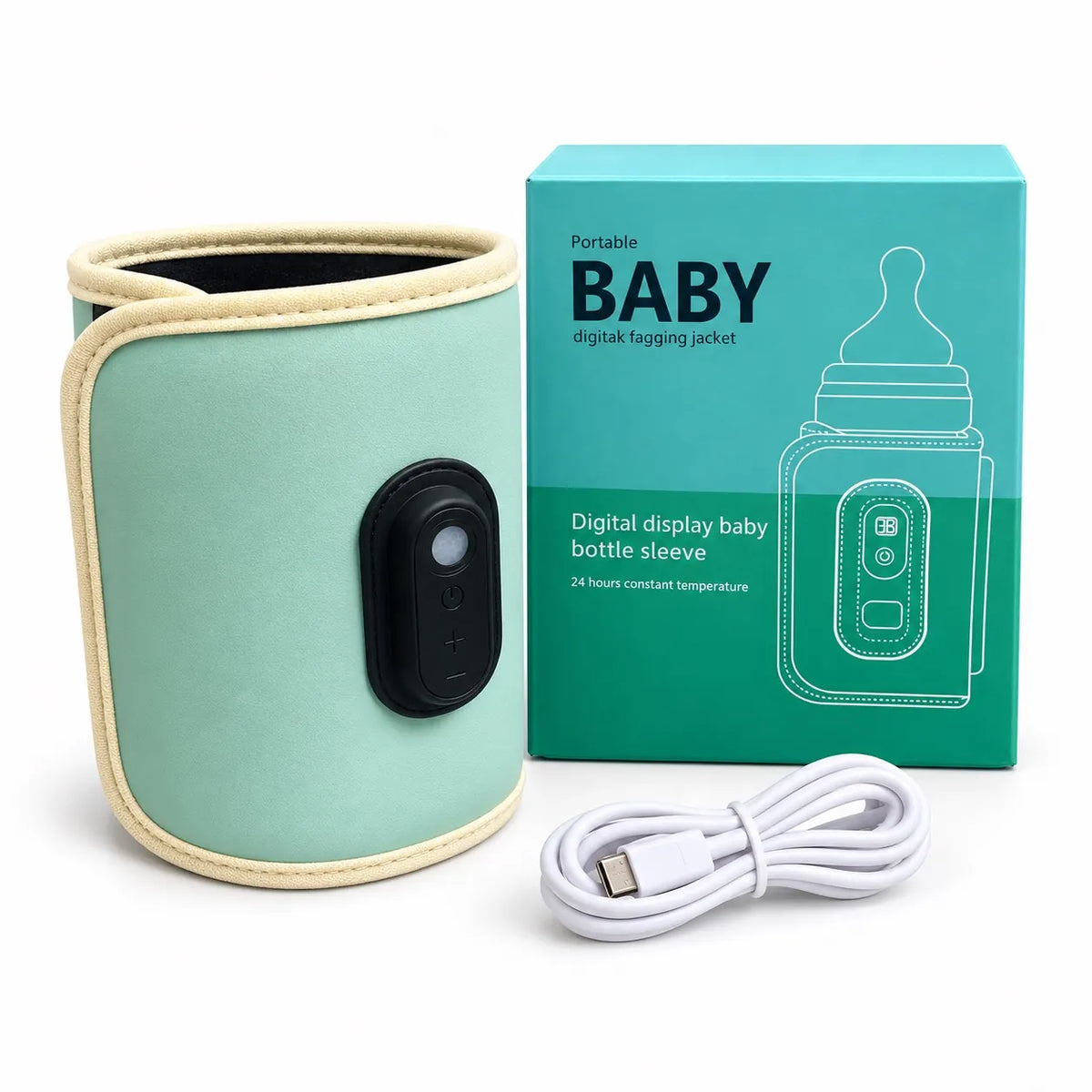Green digital baby bottle warmer sleeve with USB cable and turquoise packaging