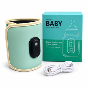 Green digital baby bottle warmer sleeve with USB cable and turquoise packaging