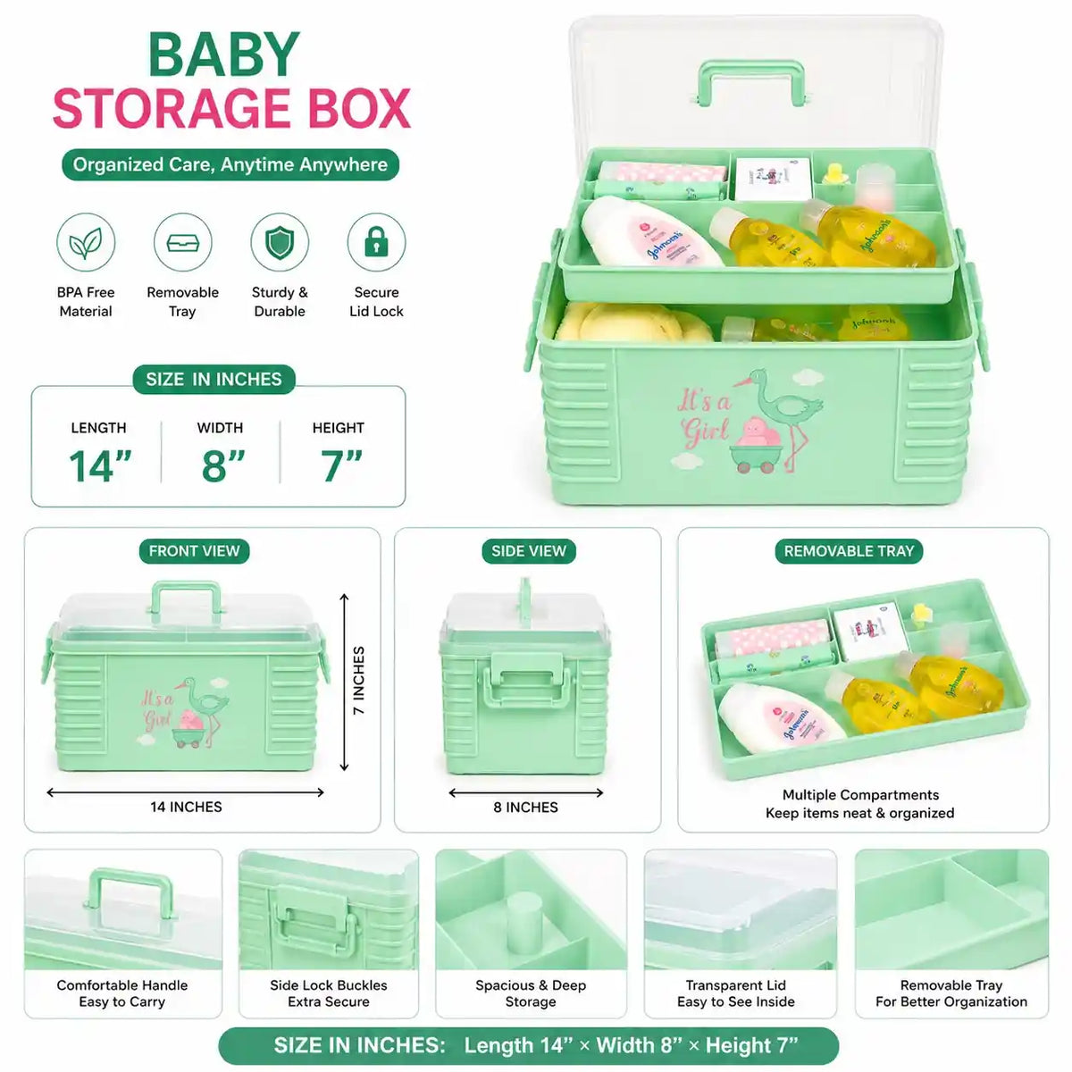 Multi-Purpose Baby Storage Accessories Box – Diaper & Essentials Holder - Green