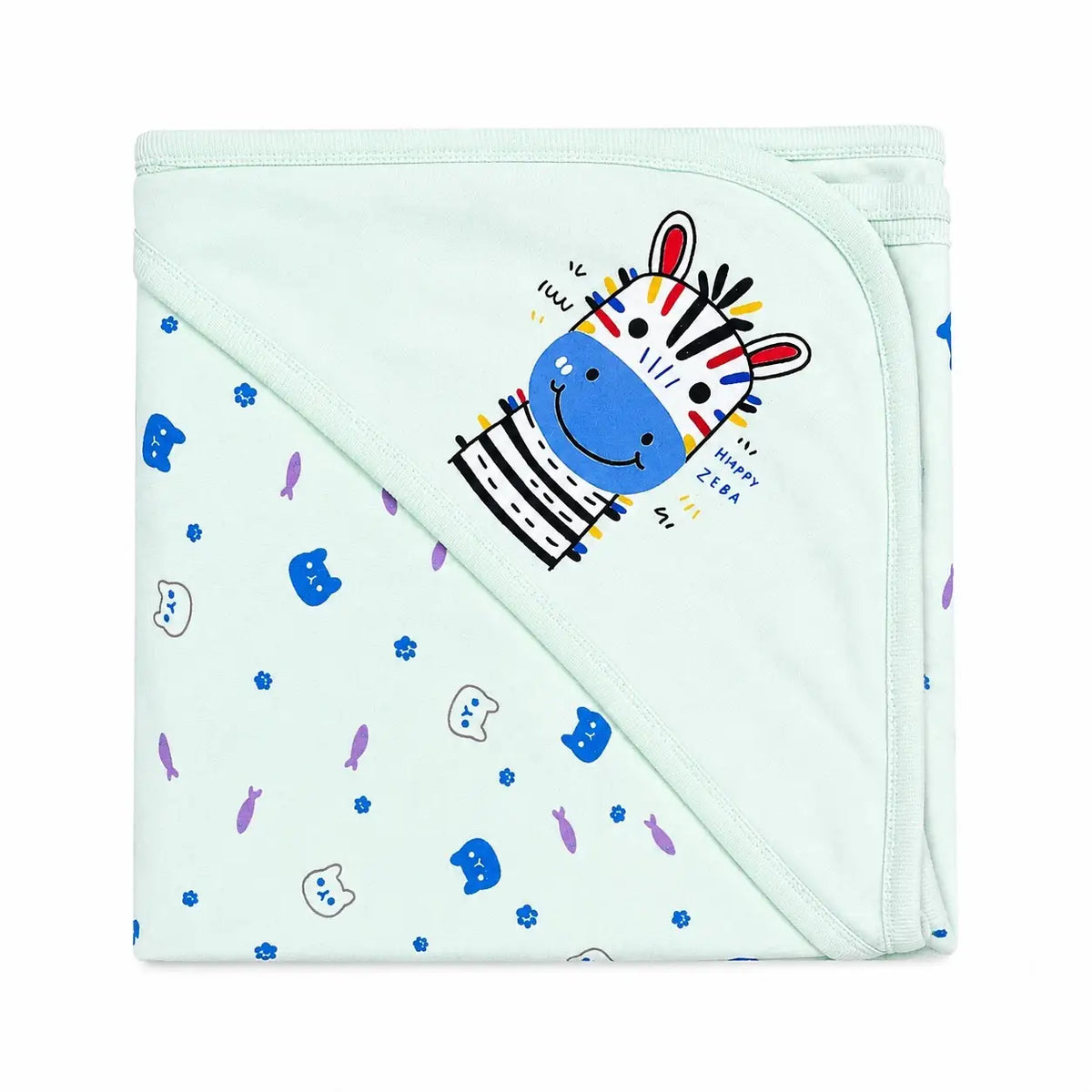Mint green baby wrapping sheet with cute happy zebra and animal print