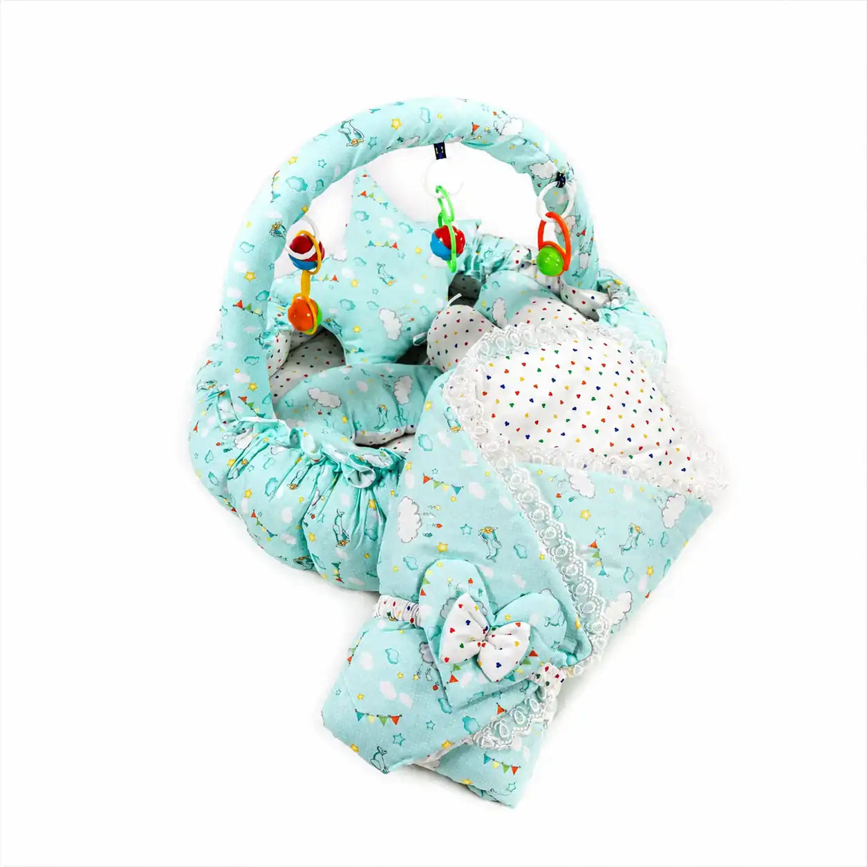 Baby Snuggle Nest Bed Set with Mosquito Net – Mint Green Cloud Print