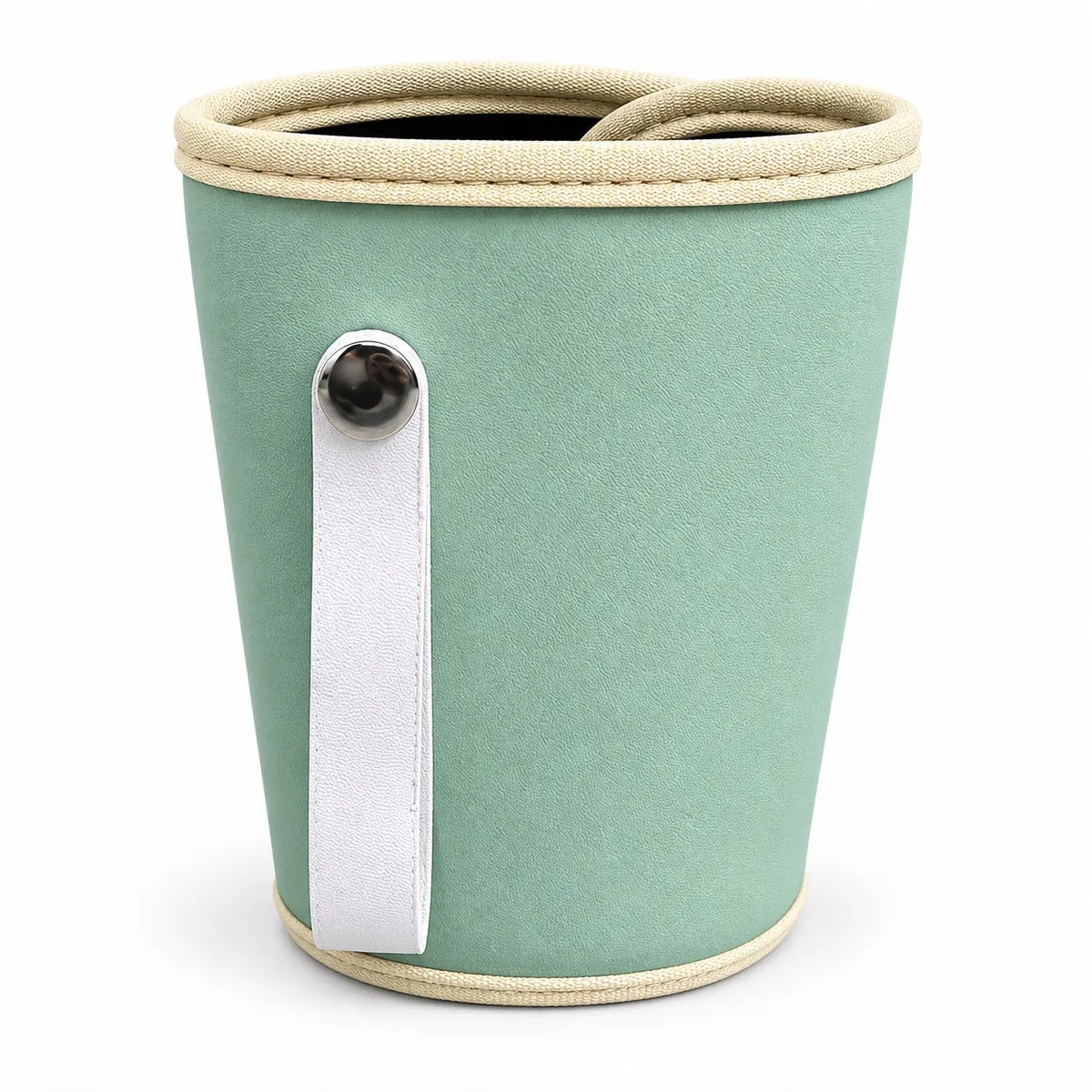 Green baby bottle warmer back showing carrying strap, textured exterior and cream edging