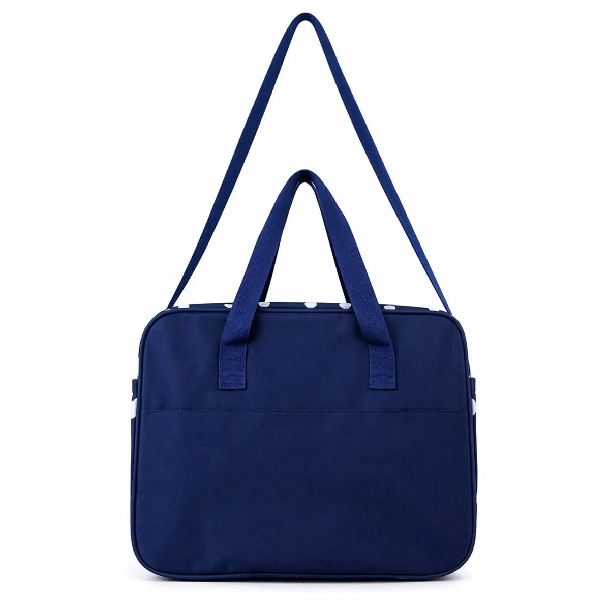 Navy blue baby diaper bag back view with shoulder strap