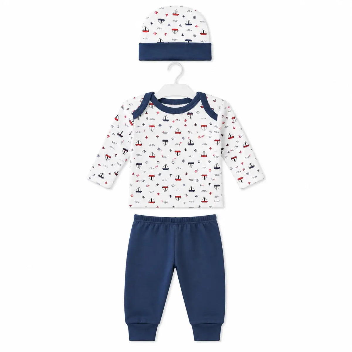 Navy blue baby 3 piece sailboat print clothing set with full sleeve shirt, matching pajama and cap