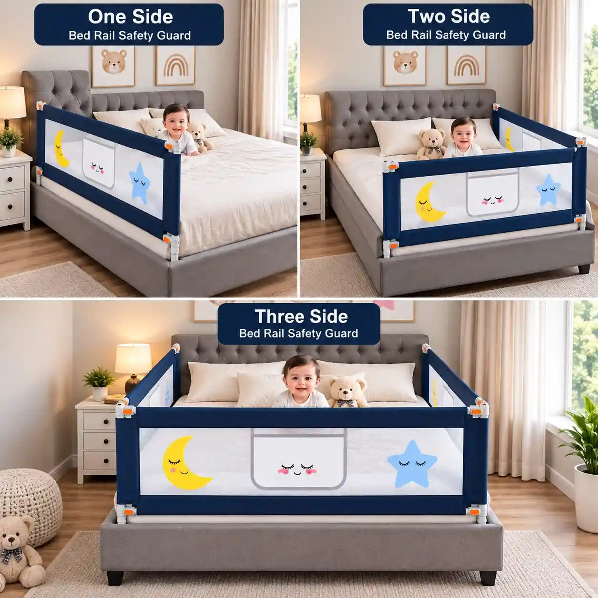 Navy blue baby bed rail safety guard showing one side, two side and three side bed protection setup