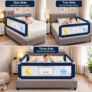 Navy blue baby bed rail safety guard showing one side, two side and three side bed protection setup
