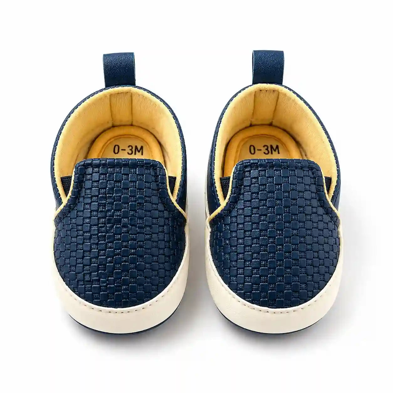 Navy blue textured casual baby shoes with soft inner lining front view