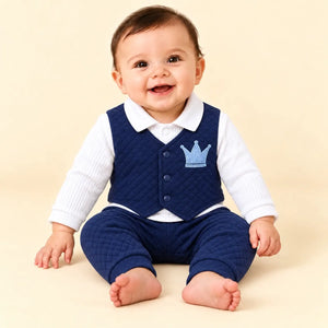 Baby wearing navy blue quilted attached waistcoat shirt with crown embroidery and matching pajama