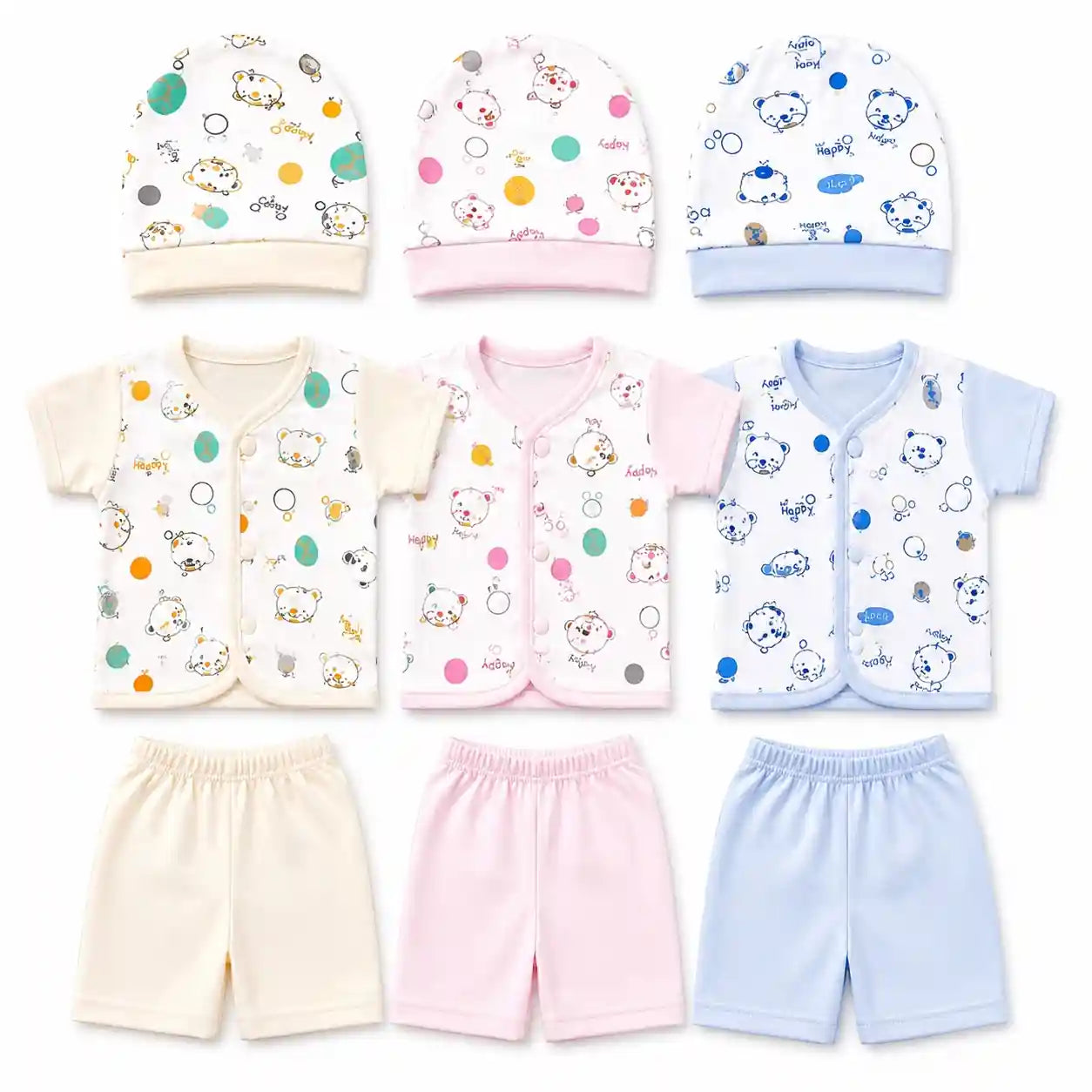 Pack of 3 Newborn Baby Clothing Set with Caps Shirts and Pajamas in Soft Interlock Fabric