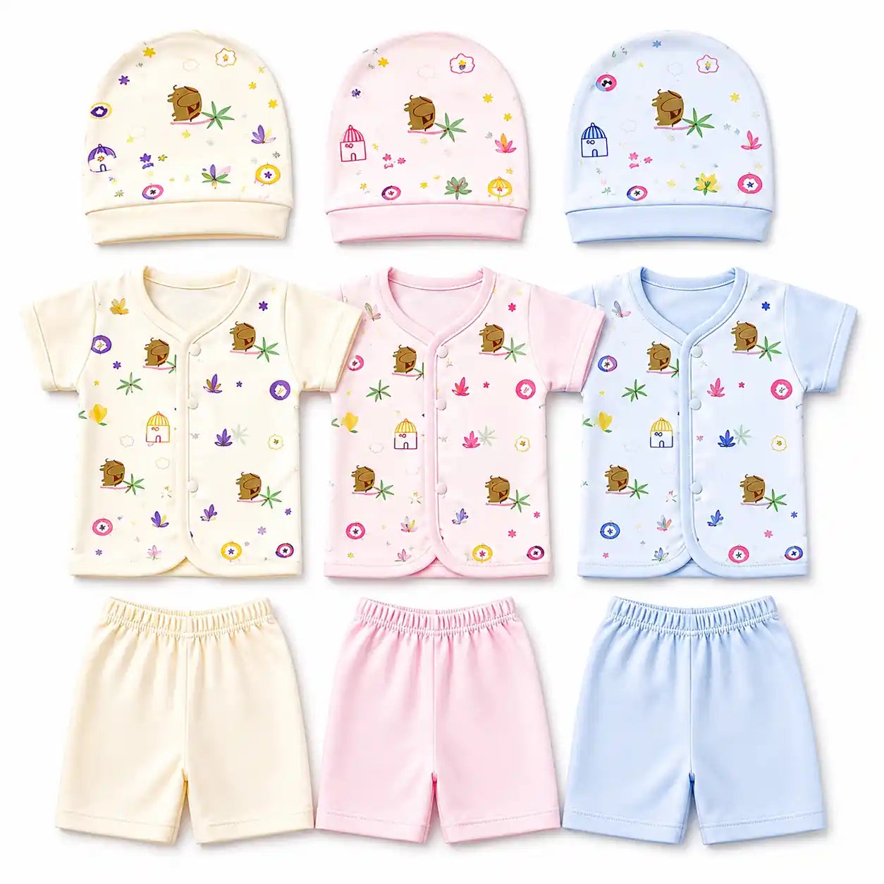 Pack of 3 Baby Clothing Set with Caps Shirts and Pajamas for Newborn to 3 Months
