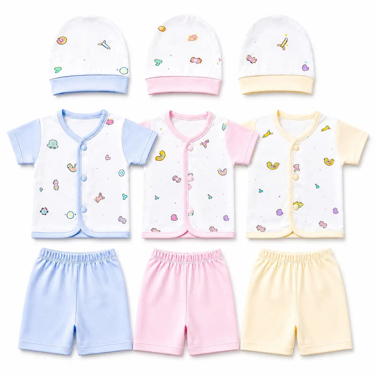 Pack of 3 Baby Clothing Set with Caps Shirts and Pajamas for Newborn to 3 Months