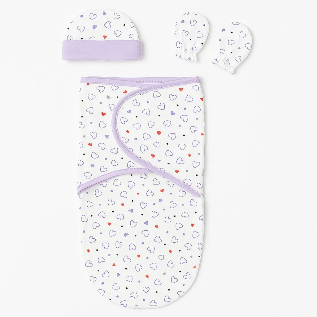 Pastel printed interlock cotton baby swaddle with matching cap and mittens