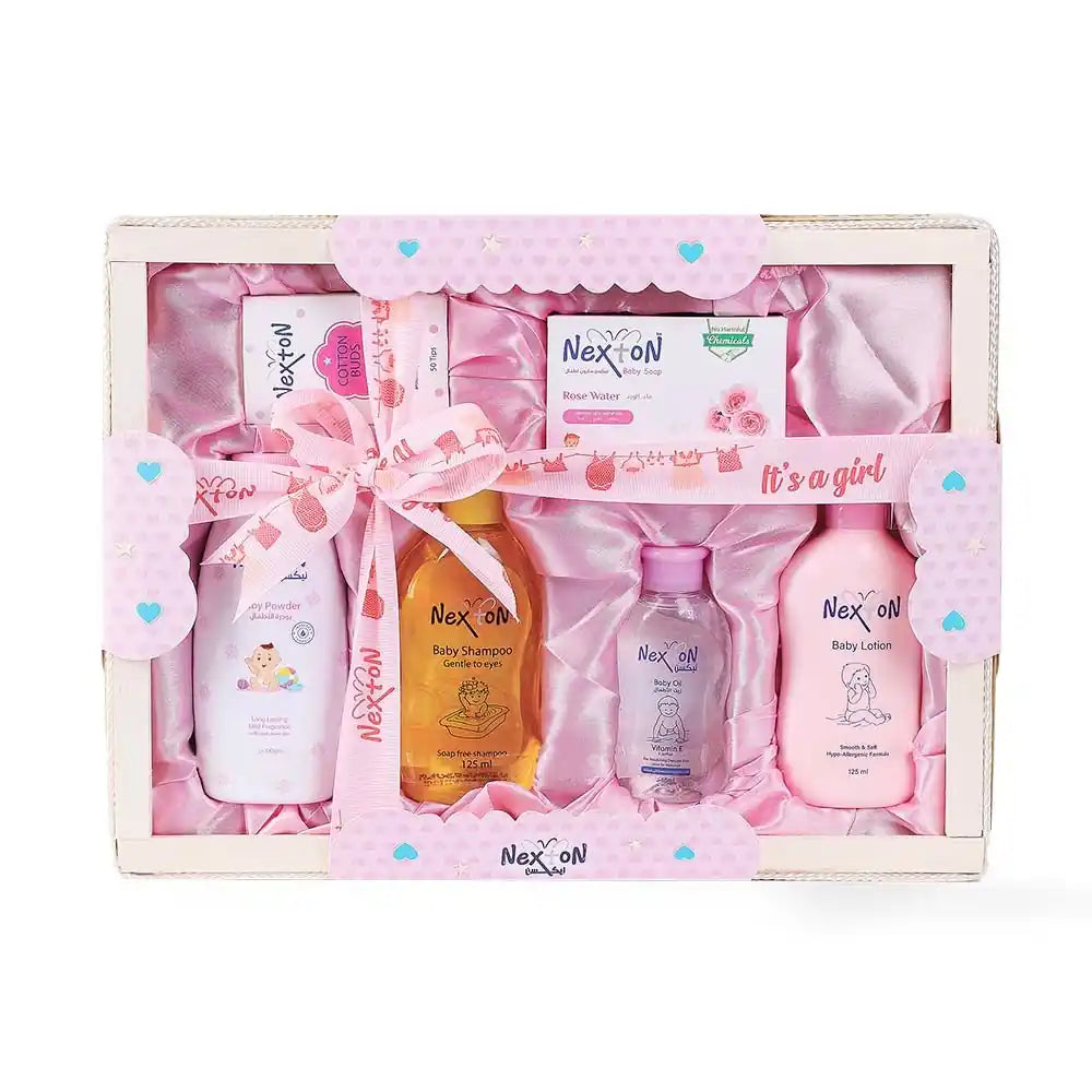 Nexton Baby Care Gift Set with shampoo, powder, oil and lotion in pink packaging